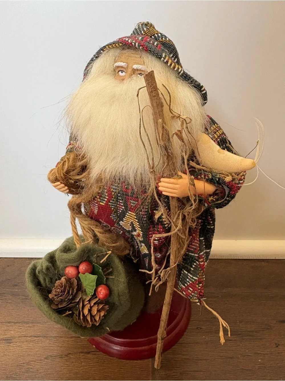 Vintage Old World Father Santa Figurine Folk Art  Tapestry Robe Staff Bird Sack